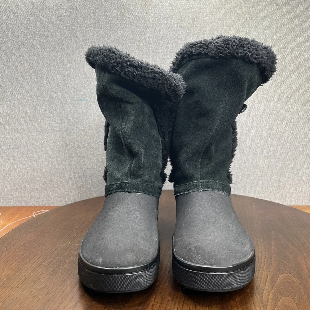 Crocs  Modessa Boot Women's Size 7 Black Faux Fur Suede Button Synthetic Slip On